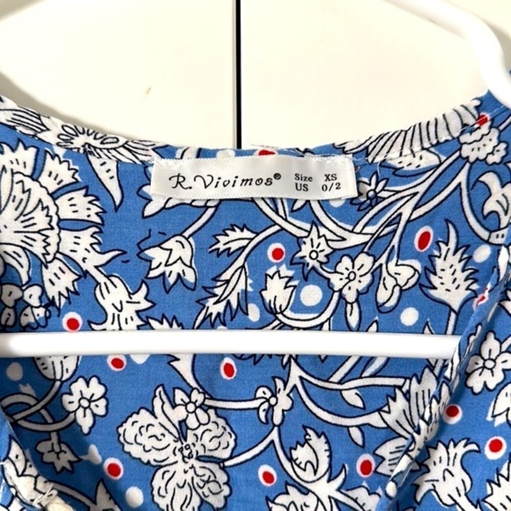 R. Vivimos Blue & White Floral Boho Print Long Sleeve V Neck with Tassels Dress - Picture 8 of 12